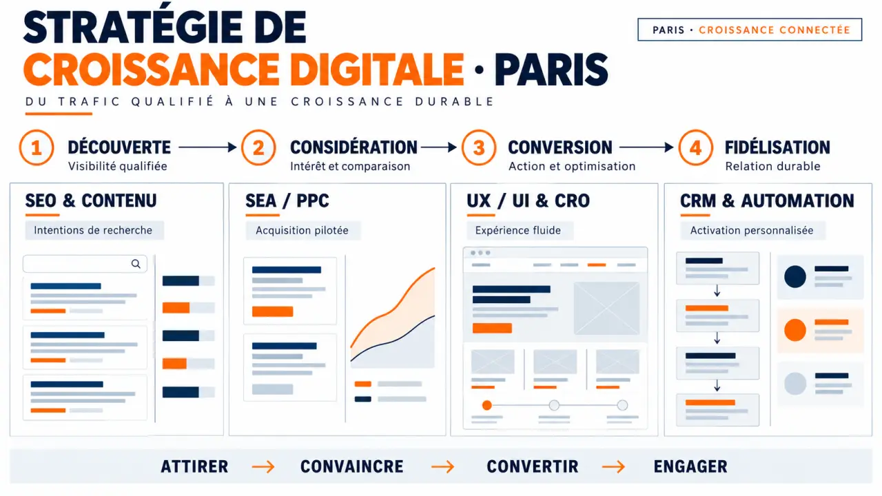 Infographie sur une stratégie de croissance digitale à Paris et l’articulation entre SEO, Ads, CRO et CRM