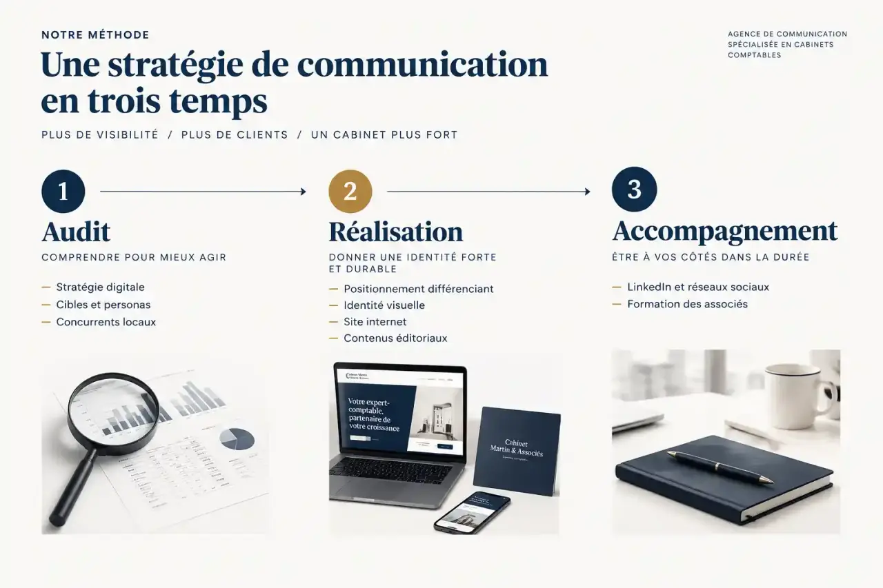 Méthode en trois étapes d'une agence de communication pour experts comptables à Paris : audit, réalisation, accompagnement