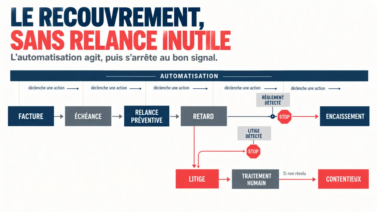 Outils de recouvrement : cycle visuel des relances, litiges, promesses de paiement et encaissements