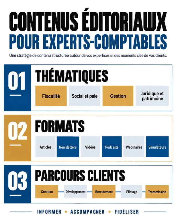 Infographie des contenus éditoriaux pour expert-comptable par thématiques, formats et parcours clients