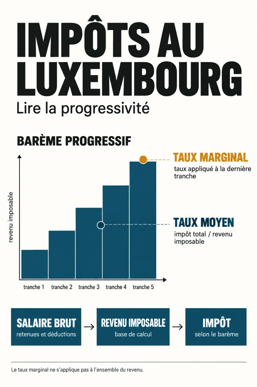 Infographie sur les impôts au Luxembourg, le barème progressif et la différence entre taux marginal et taux moyen