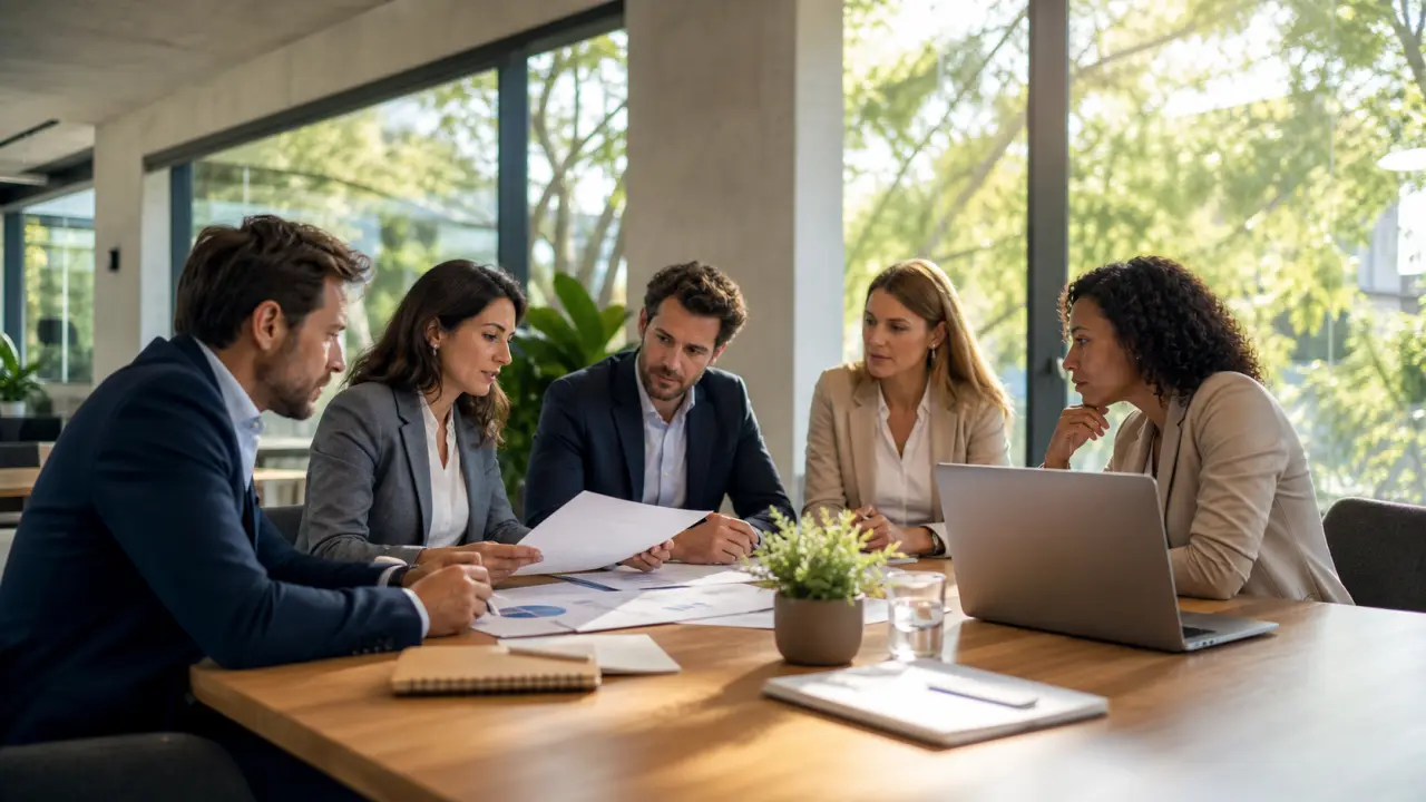 Bureau moderne et lumineux avec une équipe de consultants en session stratégique