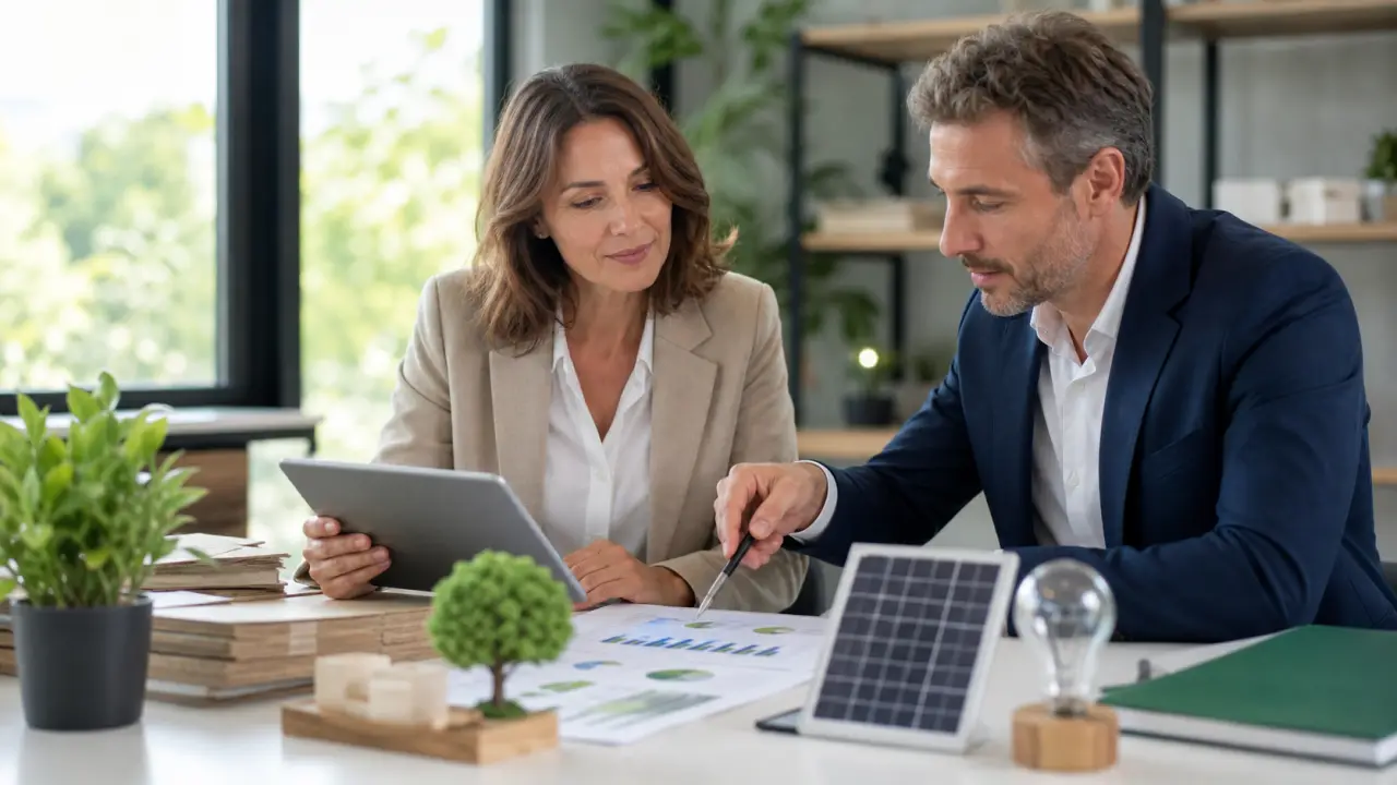 Bureau moderne et lumineux avec une équipe en réunion de stratégie autour d'une table en bois clair