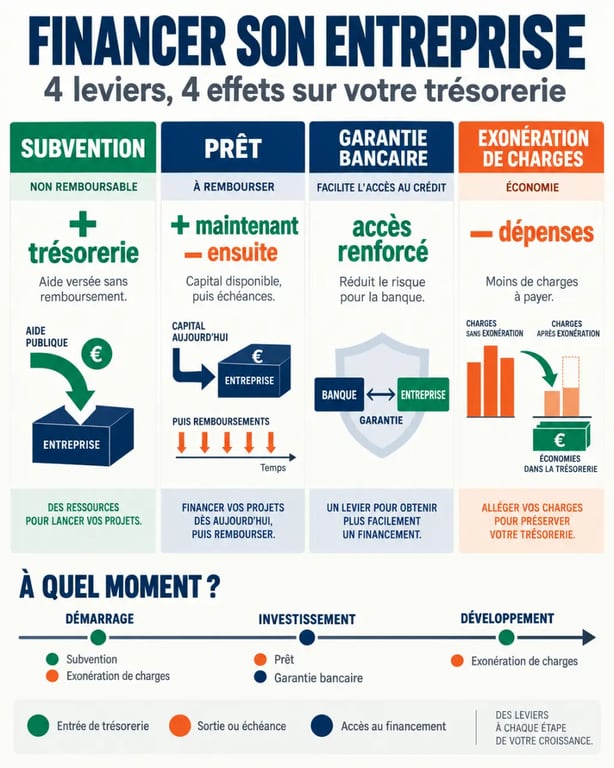 Infographie elevetonbiz financement entrepreneurs sur les aides, prêts, garanties et exonérations