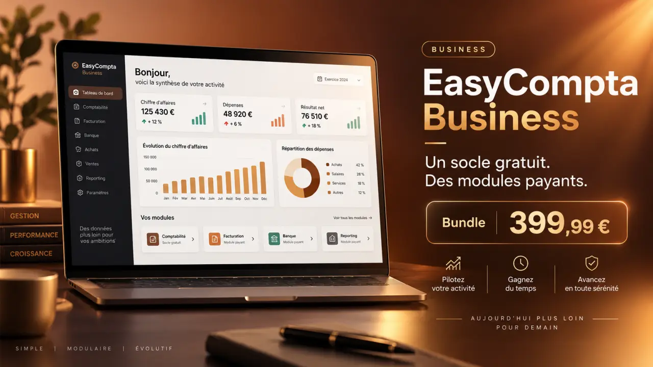 EasyCompta Business : un socle gratuit, des modules payants et un bundle à 399,99 €