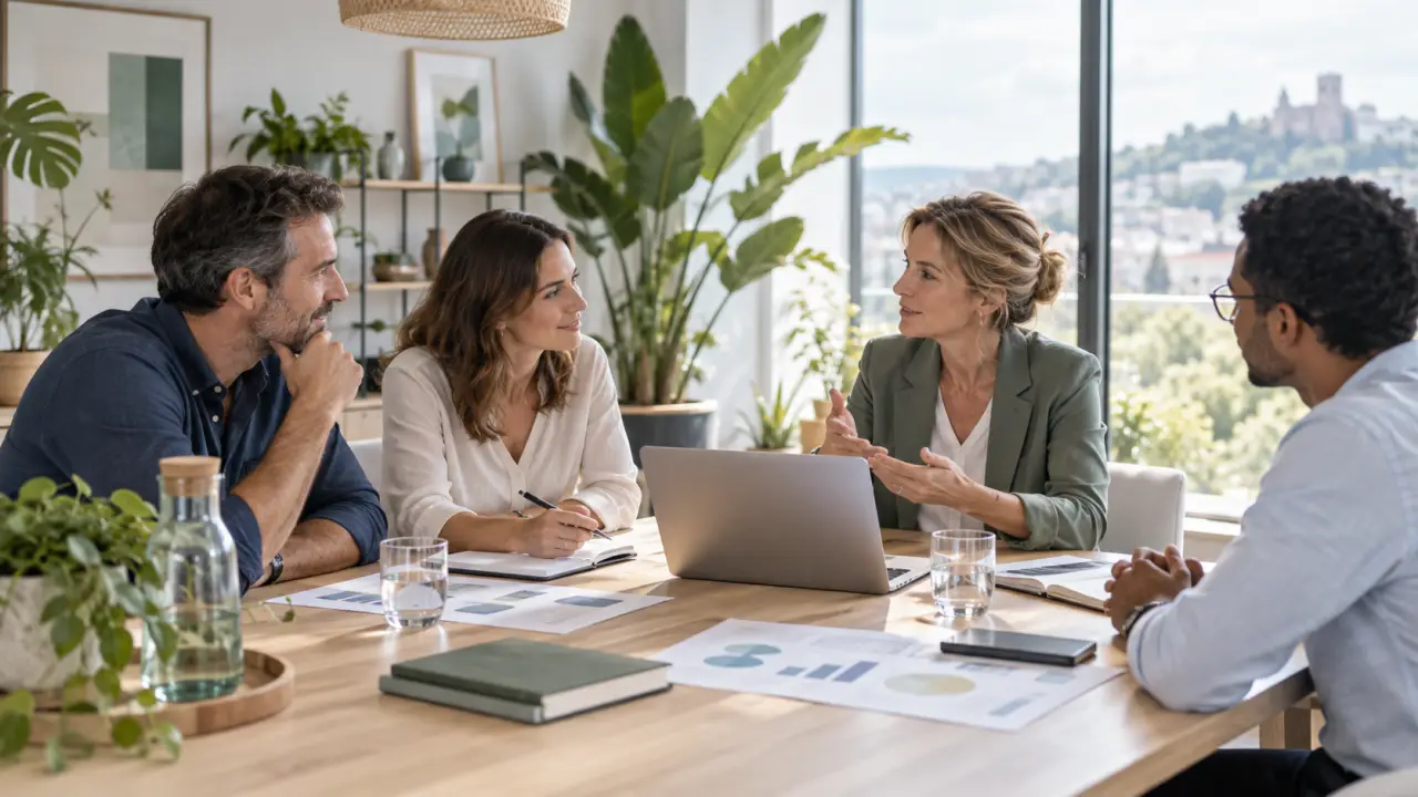 Dirigeants et consultants analysant une stratégie de croissance responsable autour d'une table