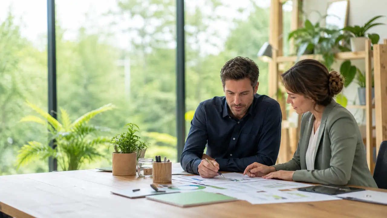 Bureau moderne et lumineux avec une équipe de consultants en session de stratégie autour d’une table en bois clair